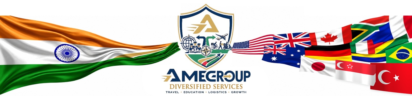 The Indian flag flowing into the flags of the countries AMEGROUP serves